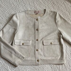 Philosophy Faux Suede Button Front Cardigan Blazer Jacket in Pale Sand